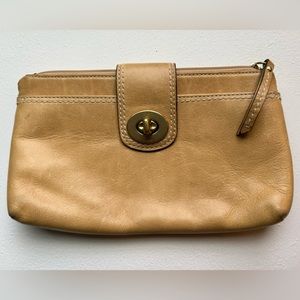 Coach tan/carmel small 100% leather clutch with brass clasp